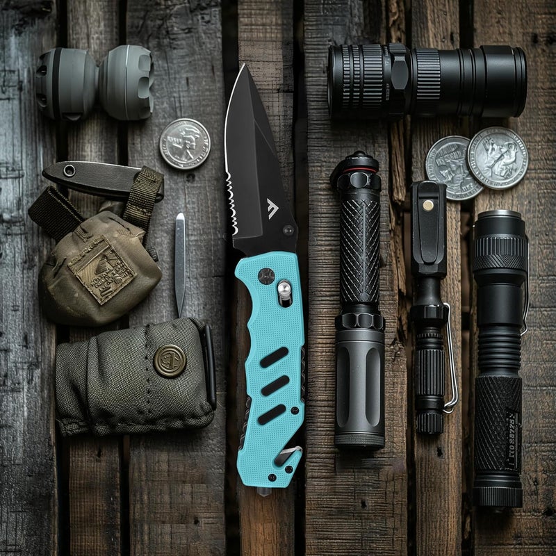 FLISSA Folding Pocket Knife with Clip, Glass Breaker and Seatbelt Cutter, Survival Knife for Emergency Rescue Situations, EDC Knife for Tactical, Hunting, Camping, Outdoor, Unique Gifts for Dad, Father-Blue - Image 5